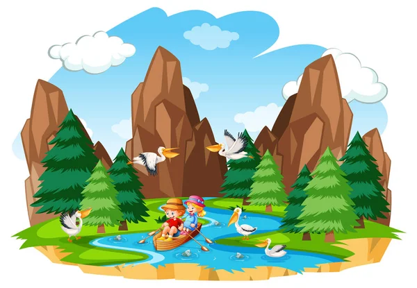 Children Row Boat Forest Scene White Background Illustration — Stock Vector