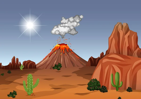 Eruzione Vulcanica Nella Scena Desertica Durante Giorno Illustrazione — Vettoriale Stock