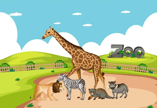 Grupo Animales Salvajes Africanos Escena Del Zoológico Ilustración — Vector de stock