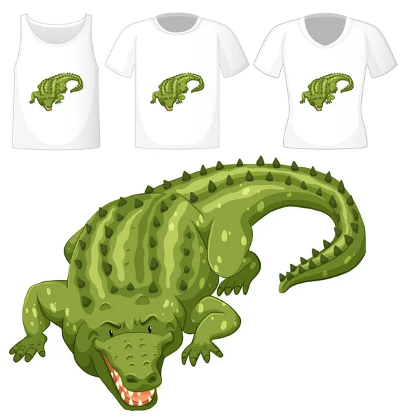 Set Aus Verschiedenen Hemden Mit Krokodilzeichentrickfigur Isoliert Auf Transparentem Hintergrund — Stockvektor