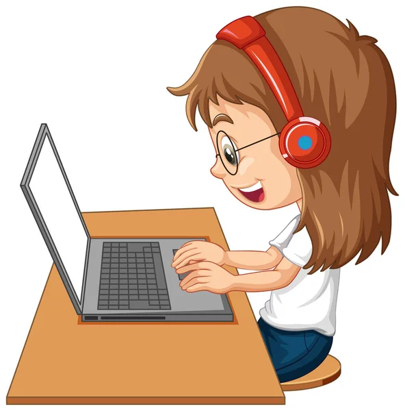 Vista Lateral Uma Menina Com Laptop Mesa Fundo Branco Ilustração — Vetor de Stock
