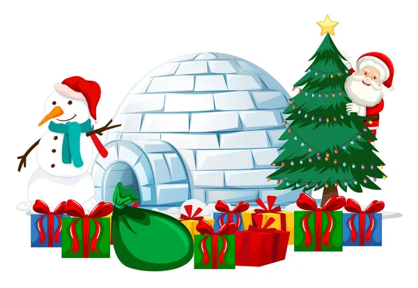 Weihnachtsmann Mit Vielen Geschenken Und Iglu Auf Weißem Hintergrund — Stockvektor