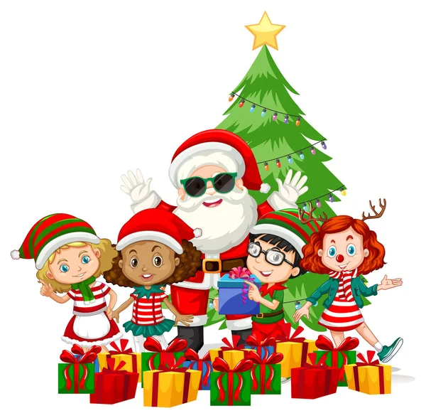 Weihnachtsmann Mit Kindern Tragen Weihnachtskostüm Cartoon Figur Auf Weißem Hintergrund — Stockvektor