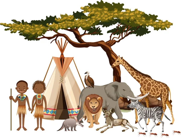 Tribu Africaine Avec Groupe Animaux Africains Sauvages Sur Fond Blanc — Image vectorielle