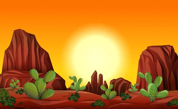 日没シーンのイラストで岩の山とサボテンの風景と砂漠 — ストックベクタ
