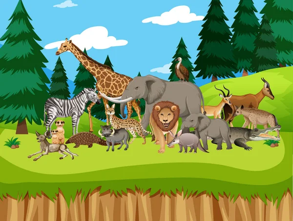 Grupo Animales Salvajes Africanos Escena Forestal Ilustración — Vector de stock