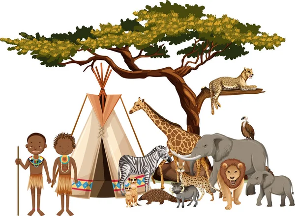Tribù Africana Con Gruppo Animali Africani Selvatici Sfondo Bianco Illustrazione — Vettoriale Stock