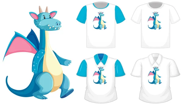 Logo Del Personaje Dibujos Animados Dragon Diferentes Camisas Blancas Con — Vector de stock