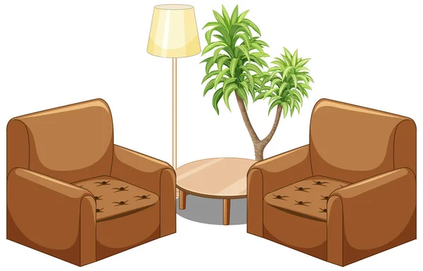 白い背景のイラストで隔離されたランプと木の茶色のソファの家具 — ストックベクタ