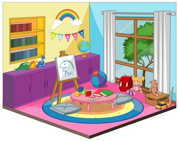 Habitación Para Niños Jardín Infantes Interior Con Elementos Muebles Colores — Vector de stock