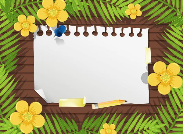 Bovenaanzicht Van Blanco Papier Tafel Met Bladeren Gele Bloemenelementen Illustratie — Stockvector