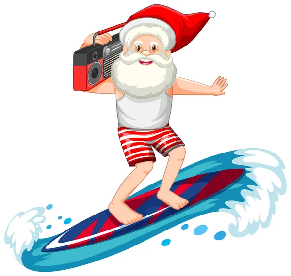 Kerstman Surfen Zomer Thema Witte Achtergrond Illustratie — Stockvector