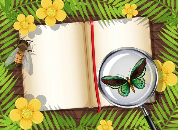 書籍や昆虫や葉の要素のイラストの空白のページと木製のテーブルのトップビュー — ストックベクタ