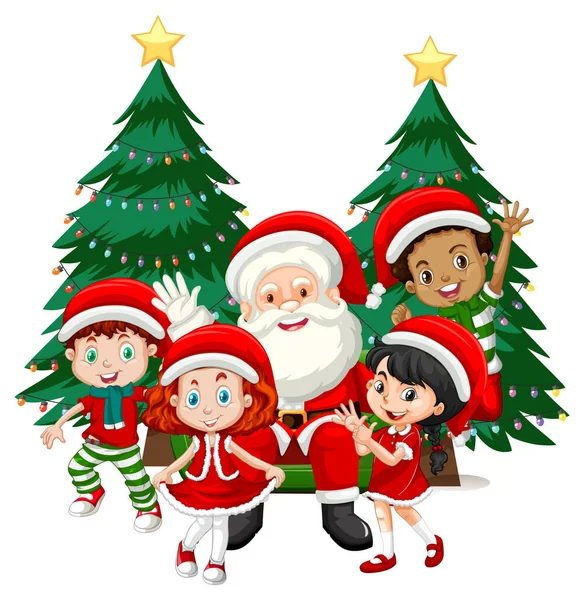 Kerstman Met Kinderen Dragen Kerstmis Kostuum Cartoon Karakter Witte Achtergrond — Stockvector