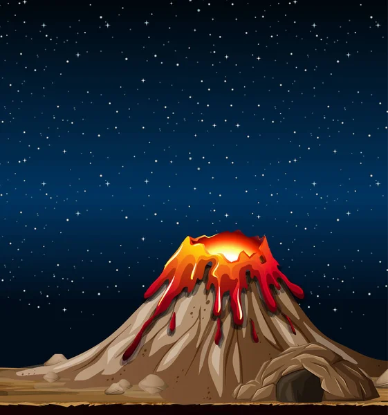 Erupção Vulcânica Cena Natureza Noite Ilustração — Vetor de Stock