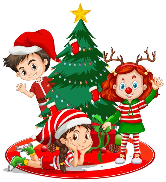 Children Wear Christmas Costume Cartoon Character Christmas Tree White Background — Stock Vector