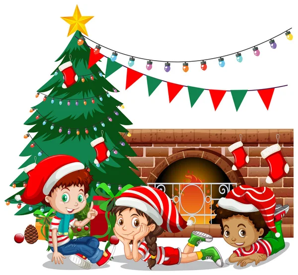 Dzieci Noszą Boże Narodzenie Kostium Postać Kreskówek Białym Tle Ilustracji — Wektor stockowy