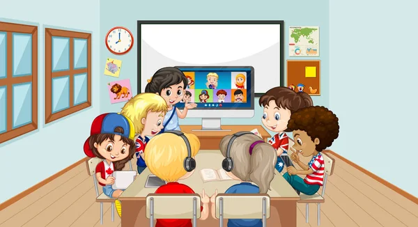 Children Using Laptop Communicate Video Conference Teacher Friends Classroom Scene — Stock Vector