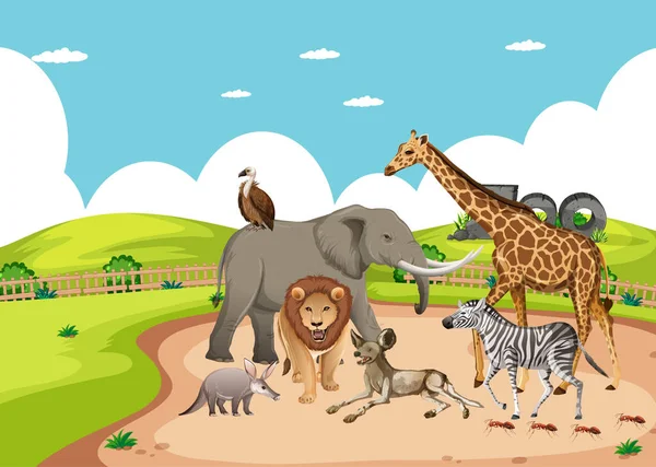 Grupo Animales Salvajes Africanos Escena Del Zoológico Ilustración — Vector de stock