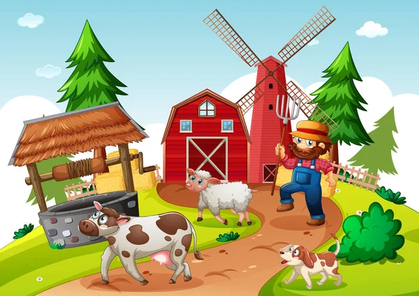 Landwirt Mit Tierfarm Bauernhofszene Cartoon Stil — Stockvektor