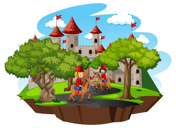白色背景图上有城堡和士兵皇家卫队的童话场景 — 图库矢量图片