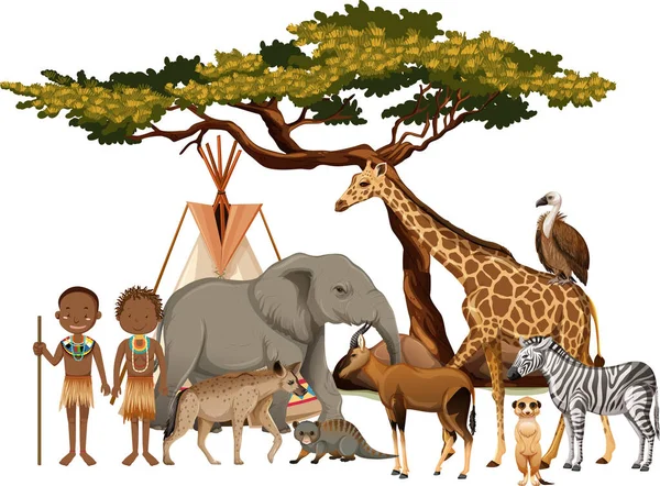 Tribu Africaine Avec Groupe Animaux Africains Sauvages Sur Fond Blanc — Image vectorielle