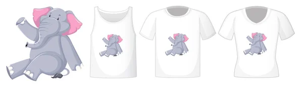 Elefante Posición Sentada Personaje Dibujos Animados Con Muchos Tipos Camisas — Vector de stock