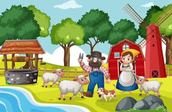 Old Macdonald Farm Nursery Rhymes Scene Illustration — Stock Vector