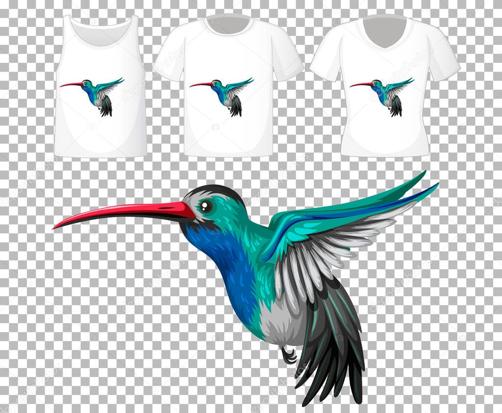 Hummingbirds cartoon character with many types of shirts on transparent background illustration