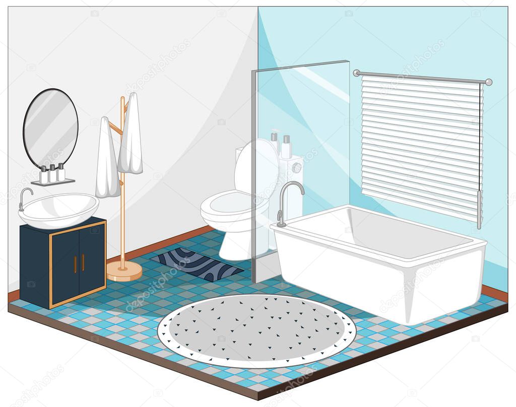 Bathroom interior with furniture in blue theme illustration