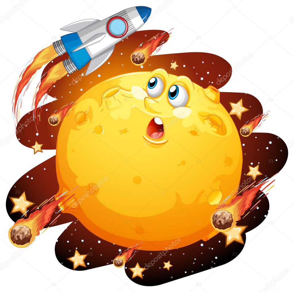 Moon with happy face on space galaxy theme on white background illustration