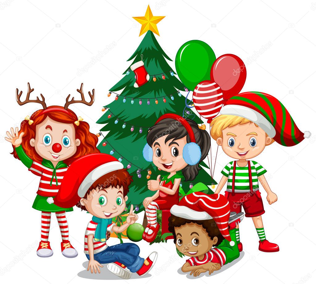Children wear Christmas costume cartoon character with Christmas tree on white background illustration