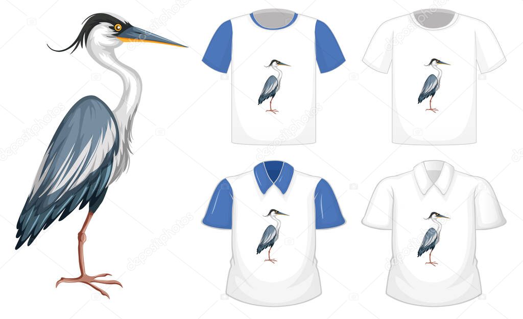 Set of different shirts with great blue heron cartoon character isolated on white background illustration