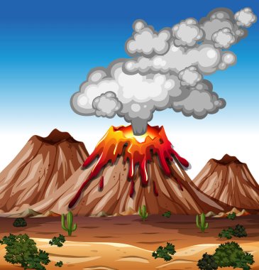 Volcano eruption in nature scene at daytime illustration clipart