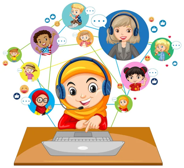 Вид Спереди Мусульманской Девушки Использующей Ноутбук Общения Учителем Друзьями Белом — стоковый вектор