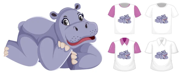 Hippopotamus Laying Position Cartoon Character Many Types Shirts White Background — Stock Vector