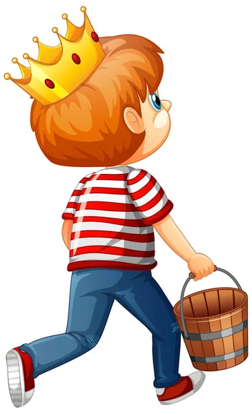 Back Side Boy Holding Wooden Bucket Cartoon Character Isolated White — Stock Vector