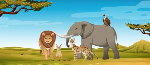 Grup Animale Sălbatice Africane Peisajul Forestier Ilustrare — Vector de stoc