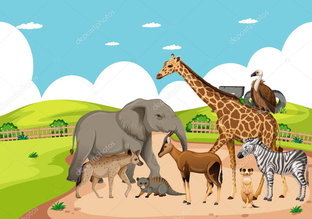 Group of wild african animal in the zoo scene illustration