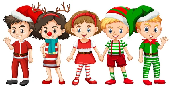 Diferentes Niños Con Disfraz Navidad Ilustración Personajes Dibujos Animados — Vector de stock