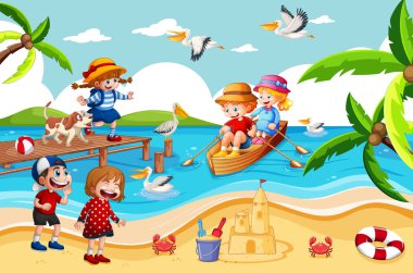 Children row the boat in the beach scene illustration clipart