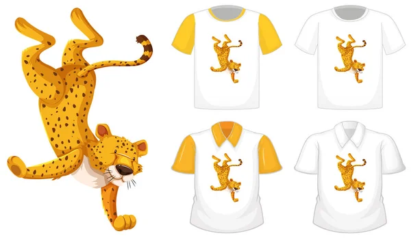 Conjunto Diferentes Camisas Con Personaje Dibujos Animados Bailando Leopardo Aislado — Vector de stock