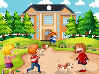 Ev illüstrasyonunun önünde oynayan çocukların olduğu açık hava sahnesi
