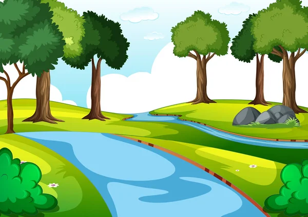 Pusta Scena Park Wieloma Drzewami Ilustracją Rzeki — Wektor stockowy