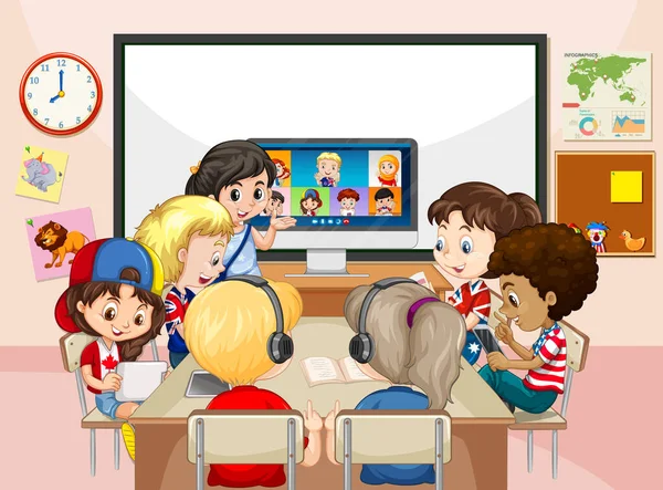 Bambini Che Utilizzano Computer Portatile Comunicare Videoconferenza Con Insegnante Amici — Vettoriale Stock