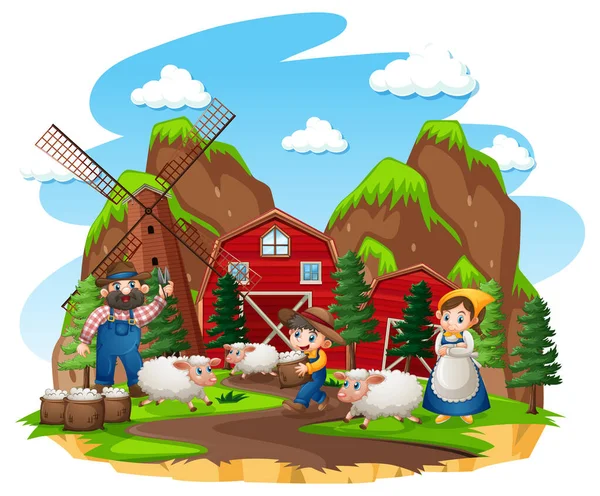 Farm Red Barn Windmill White Background Illustration — Stock Vector