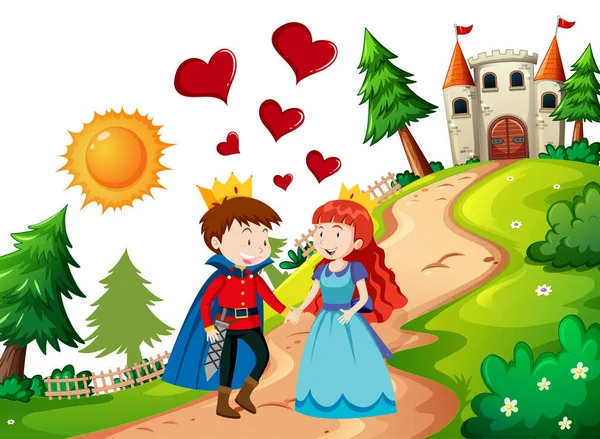 Príncipe Princesa Con Castillo Escena Naturaleza Ilustración — Vector de stock