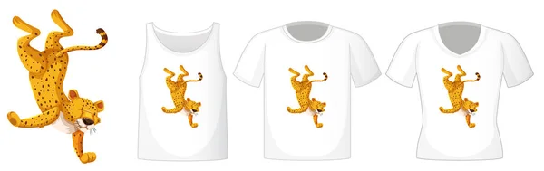 Leopardo Posição Dança Personagem Desenho Animado Com Muitos Tipos Camisas — Vetor de Stock