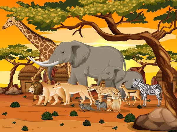 Grupo Animales Salvajes Africanos Escena Forestal Ilustración — Vector de stock