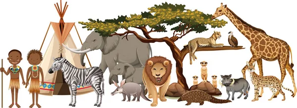 Tribu Africana Con Grupo Animales Salvajes Africanos Sobre Fondo Blanco — Archivo Imágenes Vectoriales